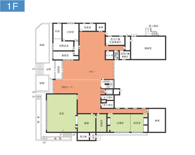 施設1F見取り図 向島ケアハウスの1Fの見取り図です。